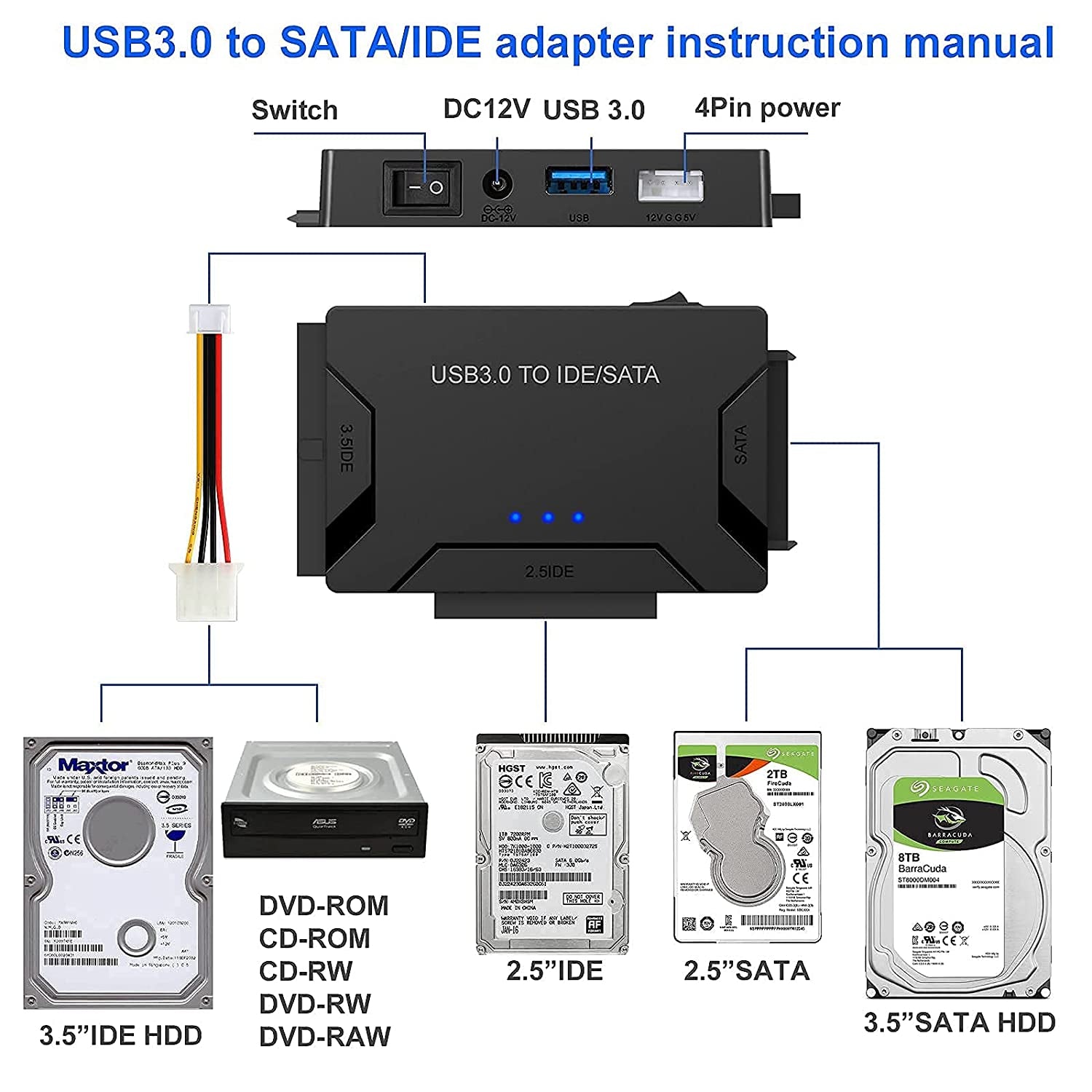 USB 3.0 til SATA IDE harddisk adapter konverter